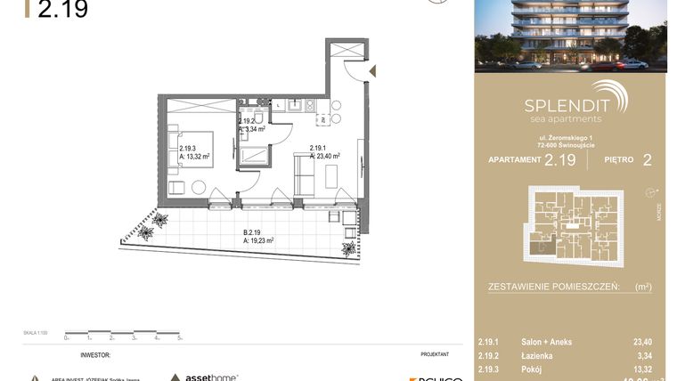 Rzut - Mieszkanie na sprzedaż 2 pokoje o powierzchni 40,06 m² - numer 2.19 w Splendit Świnoujście