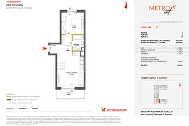 Rzut - Mieszkanie na sprzedaż 2 pokoje o powierzchni 46,07 m² - numer 91 w Metro Art 11