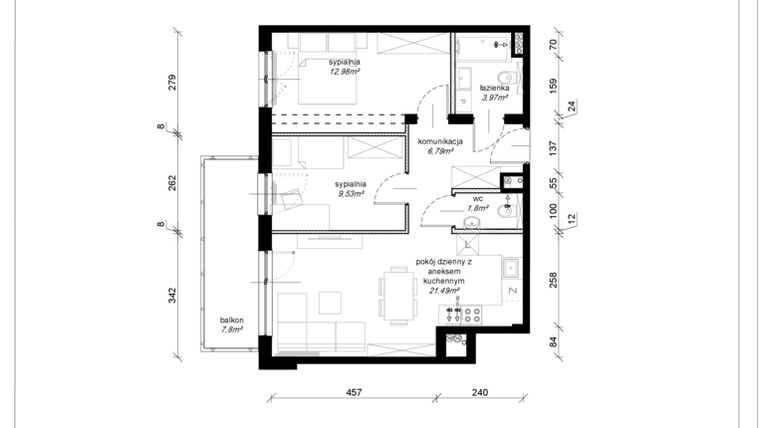 Rzut - Mieszkanie na sprzedaż 3 pokoje o powierzchni 56,56 m² - numer F.4.36.3a w Art.Teo etap 3