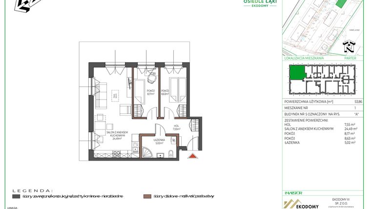 Rzut - Mieszkanie na sprzedaż 3 pokoje o powierzchni 53,73 m² - numer 1 w Osiedle Polna bud. 5