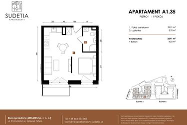 Rzut - Mieszkanie na sprzedaż 1 pokój o powierzchni 32,91 m² - numer A 1.35 w Apartamenty Sudetia