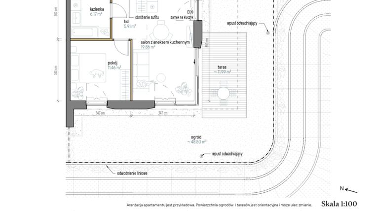Rzut - Mieszkanie na sprzedaż 2 pokoje o powierzchni 43,4 m² - numer A/-1/3 w Kopernika 71