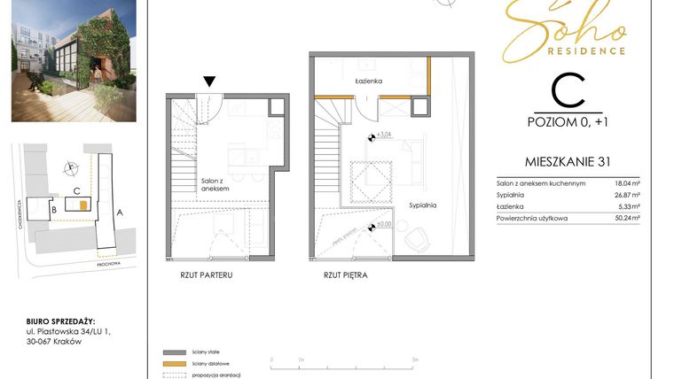 Rzut - Mieszkanie na sprzedaż 2 pokoje o powierzchni 50,24 m² - numer 31C w SoHo Residence I