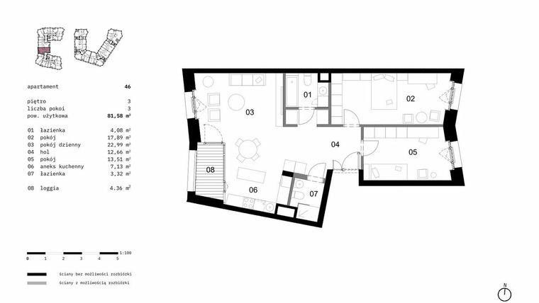Rzut - Mieszkanie na sprzedaż 3 pokoje o powierzchni 81,58 m² - numer 46 w Solna 6
