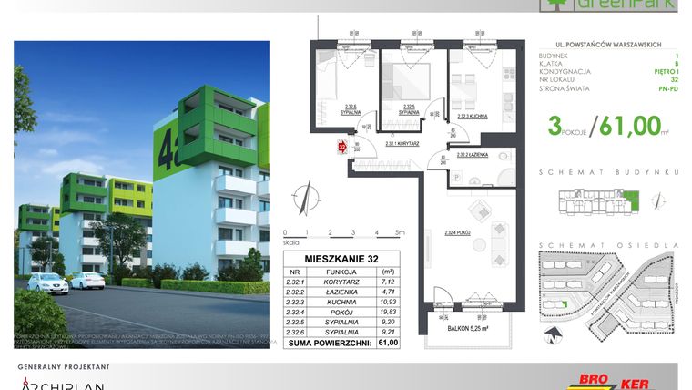 Rzut - Mieszkanie na sprzedaż 3 pokoje o powierzchni 61 m² - numer IV.B32 w Osiedle Greenpark