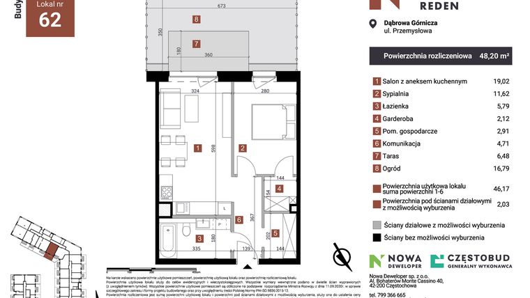 Rzut - Mieszkanie na sprzedaż 2 pokoje o powierzchni 48,2 m² - numer A62 w Nowy Reden