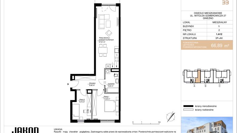 Rzut - Mieszkanie na sprzedaż 3 pokoje o powierzchni 66,89 m² - numer 1.A12 w Gombrowicza 33