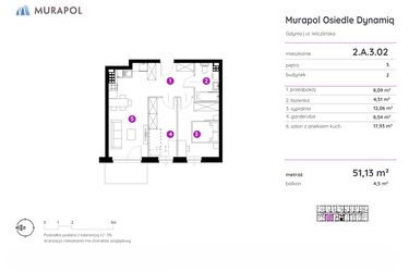 Rzut - Mieszkanie na sprzedaż 2 pokoje o powierzchni 51,13 m² - numer 2.A.3.02 w Murapol Osiedle Dynamiq