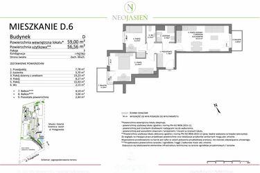 Rzut - Mieszkanie na sprzedaż 3 pokoje o powierzchni 56,56 m² - numer D6 w Neo Jasień etap II