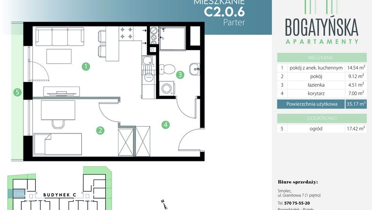 Rzut - Mieszkanie na sprzedaż 2 pokoje o powierzchni 35,17 m² - numer C2.0.6 w Bogatyńska Apartamenty etap 3