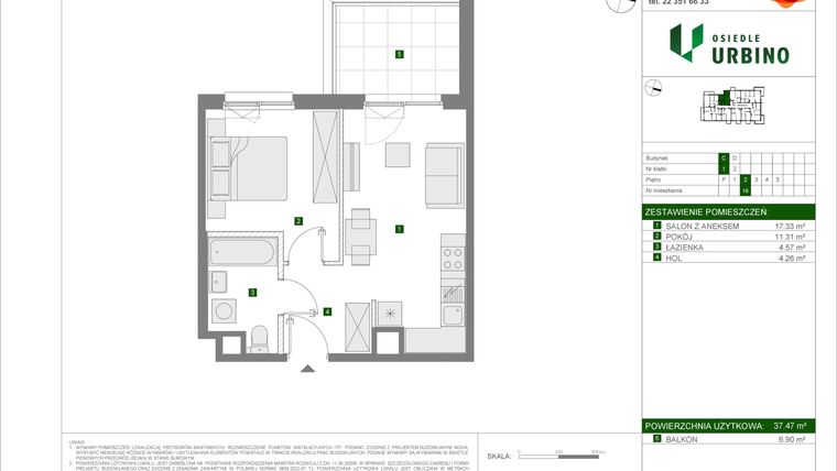 Rzut - Mieszkanie na sprzedaż 2 pokoje o powierzchni 37,47 m² - numer C16 w Osiedle Urbino etap 4.2