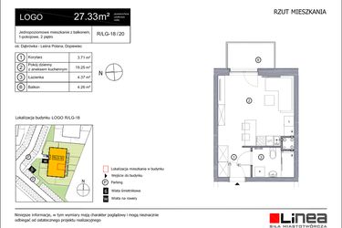 Rzut - Mieszkanie na sprzedaż 1 pokój o powierzchni 27,33 m² - numer R_LG-18_20 w os. Dąbrówka – Leśna Polana
