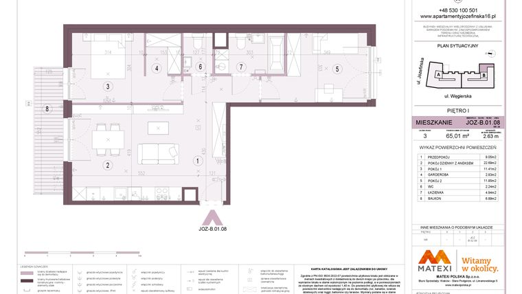 Rzut - Mieszkanie na sprzedaż 3 pokoje o powierzchni 65,01 m² - numer B.01.08 w Apartamenty Józefińska