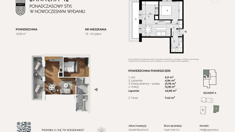 Rzut - Mieszkanie na sprzedaż 2 pokoje o powierzchni 43,99 m² - numer 33 w Banacha 12