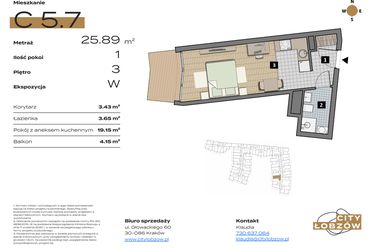 Rzut - Mieszkanie na sprzedaż 1 pokój o powierzchni 25,89 m² - numer C 5.7 w City Łobzów