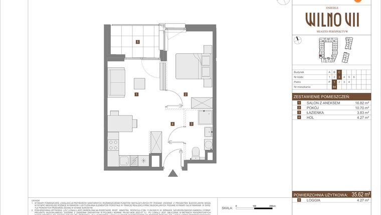 Rzut - Mieszkanie na sprzedaż 2 pokoje o powierzchni 35,62 m² - numer C.64 w Osiedle Wilno VII etap 3