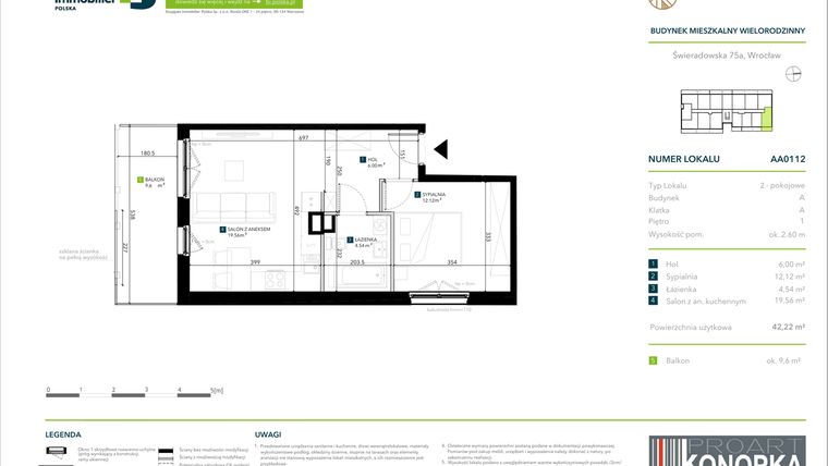 Rzut - Mieszkanie na sprzedaż 2 pokoje o powierzchni 42,22 m² - numer AA0112 w Vivre