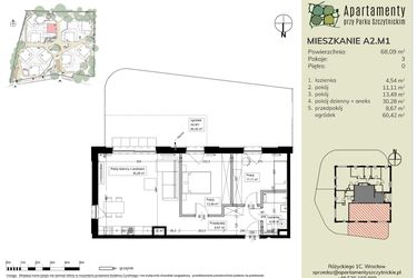Rzut - Mieszkanie na sprzedaż 3 pokoje o powierzchni 68,46 m² - numer A2.M1 w Apartamenty przy Parku Szczytnickim