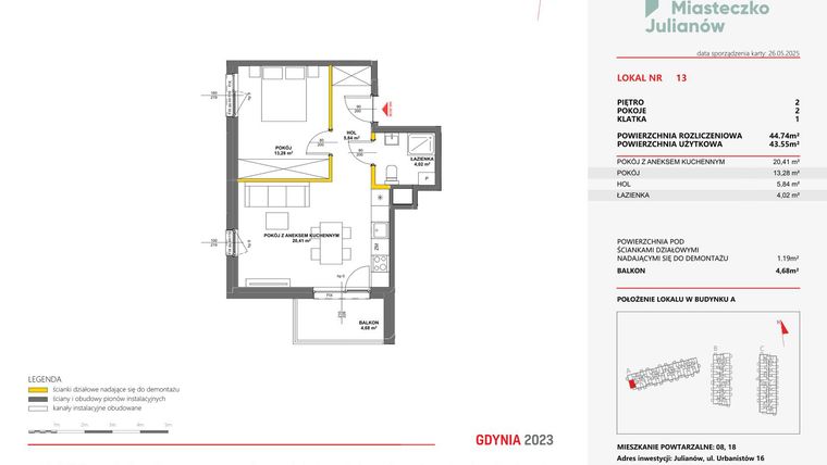 Rzut - Mieszkanie na sprzedaż 2 pokoje o powierzchni 44,74 m² - numer 13 w Miasteczko Julianów
