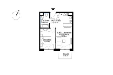 Rzut - Mieszkanie na sprzedaż 2 pokoje o powierzchni 37,72 m² - numer M48 w KWADRAT etap 2