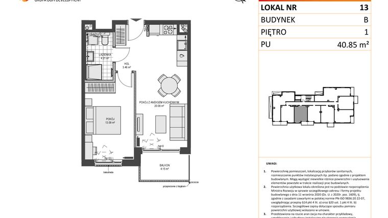 Rzut - Mieszkanie na sprzedaż 2 pokoje o powierzchni 40,85 m² - numer B13 w Przystań Brzeźno etap 1.2