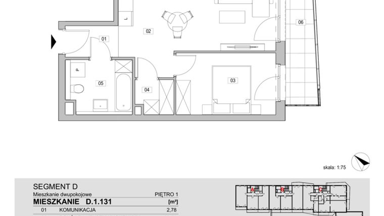 Rzut - Mieszkanie na sprzedaż 2 pokoje o powierzchni 41,63 m² - numer D.1.131 w ATAL Unii Lubelskiej