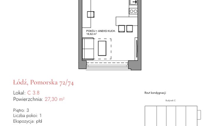 Rzut - Mieszkanie na sprzedaż 1 pokój o powierzchni 27,18 m² - numer C 3.8 w Melody Loft