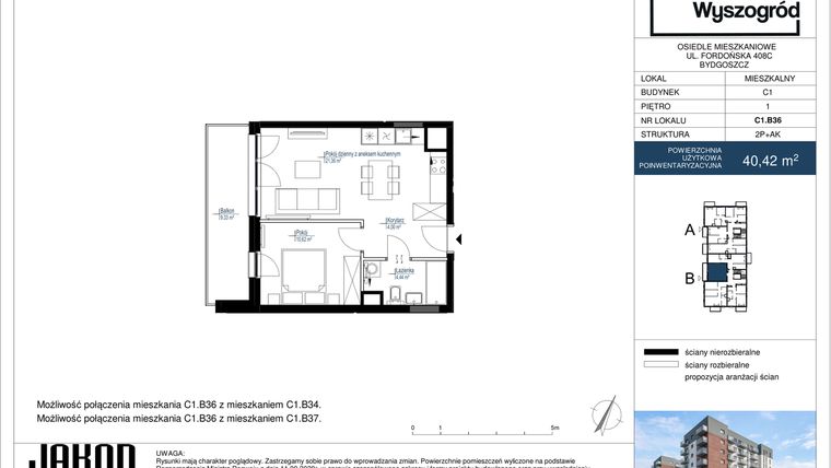 Rzut - Mieszkanie na sprzedaż 2 pokoje o powierzchni 40,42 m² - numer C1.B36 w Nowy Wyszogród etap II