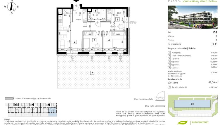 Rzut - Mieszkanie na sprzedaż 4 pokoje o powierzchni 62,56 m² - numer m.0.11 w Eko Park Jemiołuszki