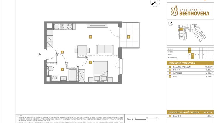 Rzut - Mieszkanie na sprzedaż 2 pokoje o powierzchni 36,66 m² - numer C11 w Apartamenty Beethovena etap 2