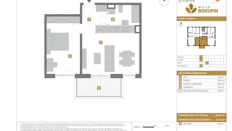 Rzut - Mieszkanie na sprzedaż 2 pokoje o powierzchni 46,64 m² - numer V8 w Wille Biskupin Etap 2.1