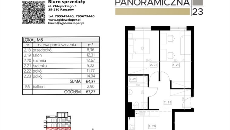 Rzut - Mieszkanie na sprzedaż 3 pokoje o powierzchni 64,37 m² - numer M8 w Panoramiczna 23