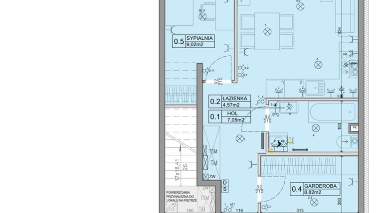 Rzut - Mieszkanie na sprzedaż 3 pokoje o powierzchni 46,34 m² - numer 113 w Manufaktura Marki 2 etap IV