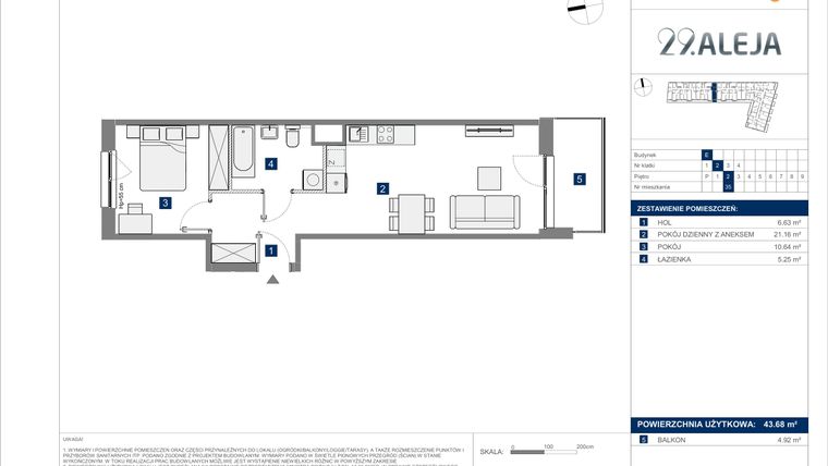 Rzut - Mieszkanie na sprzedaż 2 pokoje o powierzchni 45,66 m² - numer E.34 w 29. Aleja etap 2