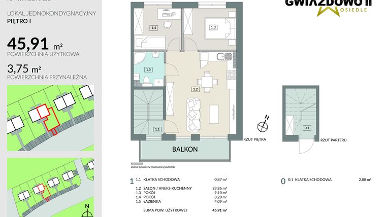 Rzut - Mieszkanie na sprzedaż 3 pokoje o powierzchni 49,66 m² - numer D4.2 w Gwiazdowo II