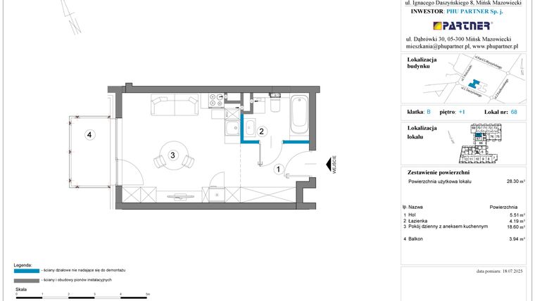 Rzut - Mieszkanie na sprzedaż 1 pokój o powierzchni 28,3 m² - numer B.1.68 w Daszyńskiego Square etap 1
