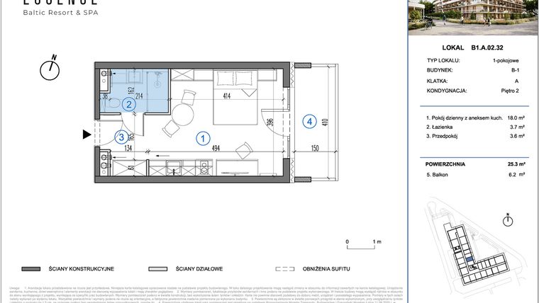 Rzut - Mieszkanie na sprzedaż 1 pokój o powierzchni 25,3 m² - numer B1.A.02.32 w ESSENSE Baltic Resort&SPA 2 - apartamenty inwestycyjne