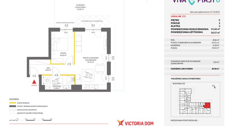 Rzut - Mieszkanie na sprzedaż 2 pokoje o powierzchni 51,67 m² - numer 172 w Viva Piast 6