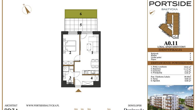 Rzut - Mieszkanie na sprzedaż 2 pokoje o powierzchni 39,48 m² - numer A0.11 w Portside Bałtycka