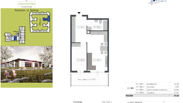 Rzut - Mieszkanie na sprzedaż 2 pokoje o powierzchni 47,64 m² - numer H1M8 w Jaśminowe Wzgórze - etap II