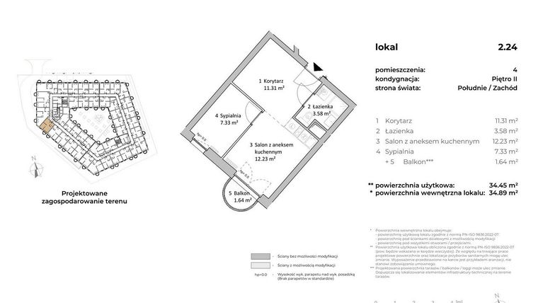 Rzut - Mieszkanie na sprzedaż 1 pokój o powierzchni 35,13 m² - numer 2.24 w OVAL SKY