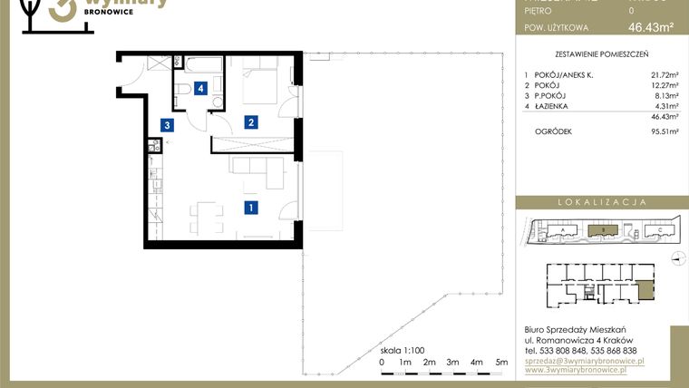 Rzut - Mieszkanie na sprzedaż 2 pokoje o powierzchni 46,43 m² - numer M.B03 w 3 Wymiary Bronowice