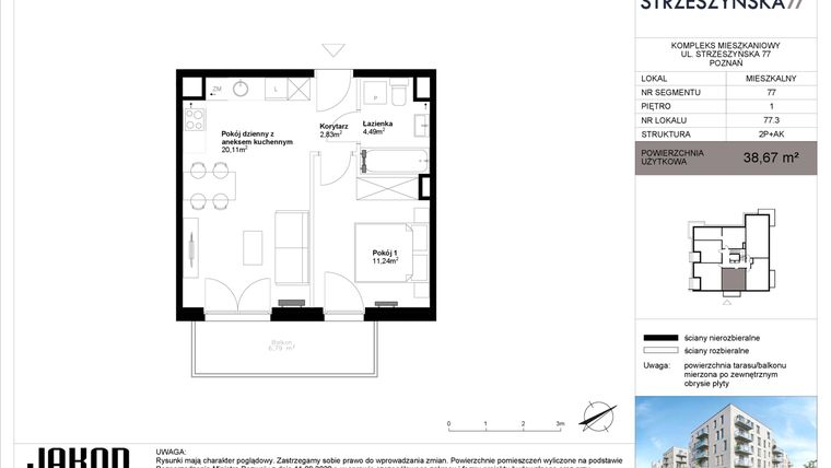 Rzut - Mieszkanie na sprzedaż 2 pokoje o powierzchni 38,67 m² - numer 77.3 w Strzeszyńska 77