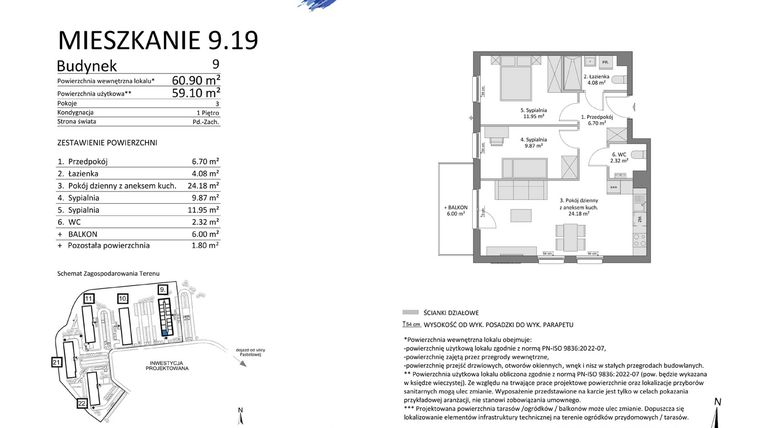 Rzut - Mieszkanie na sprzedaż 3 pokoje o powierzchni 59,1 m² - numer 9.19 w Osiedle Pastelowe etap IV