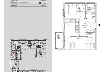 Rzut - Mieszkanie na sprzedaż 2 pokoje o powierzchni 49,13 m² - numer 1C-4-5 w Naramowice Odnova