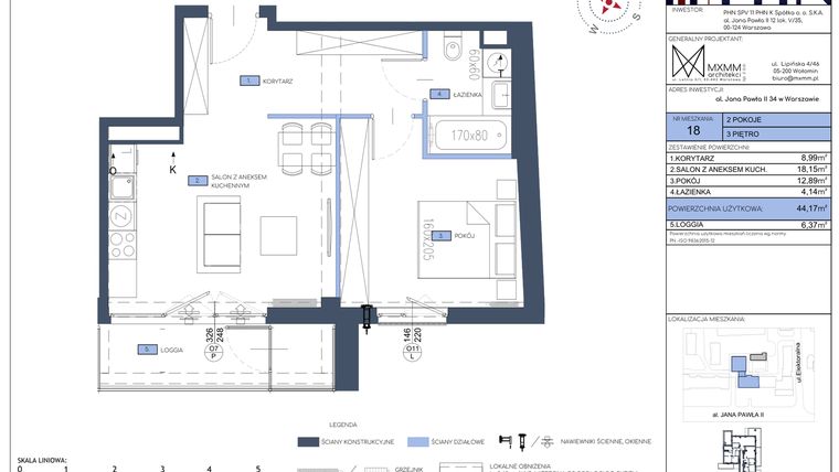 Rzut - Mieszkanie na sprzedaż 2 pokoje o powierzchni 44,17 m² - numer 18 w Apartamenty Jana Pawła 34