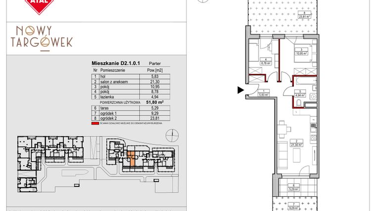 Rzut - Mieszkanie na sprzedaż 3 pokoje o powierzchni 51,8 m² - numer D2.1.0.1 w Nowy Targówek VI