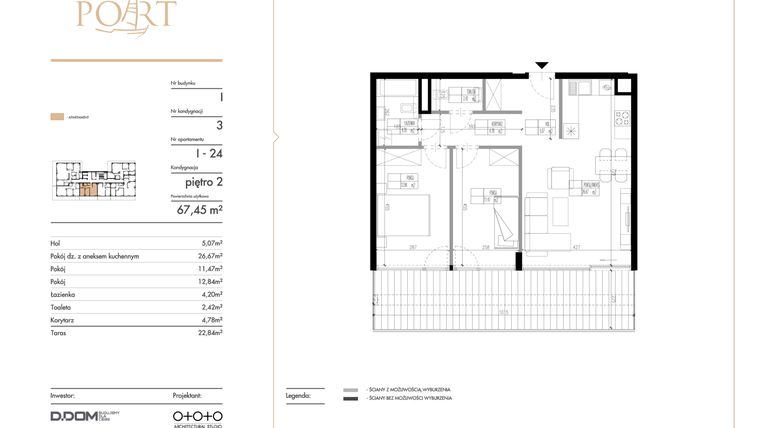 Rzut - Mieszkanie na sprzedaż 3 pokoje o powierzchni 67,45 m² - numer I_24 w Warmiński Port etap V