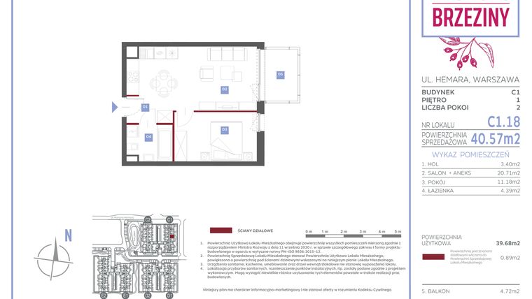 Rzut - Mieszkanie na sprzedaż 2 pokoje o powierzchni 40,57 m² - numer C1.18 w Miasteczko Brzeziny II