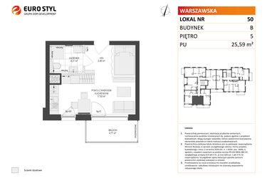 Rzut - Mieszkanie na sprzedaż 1 pokój o powierzchni 25,59 m² - numer B.50 w Osiedle Warszawska etap III